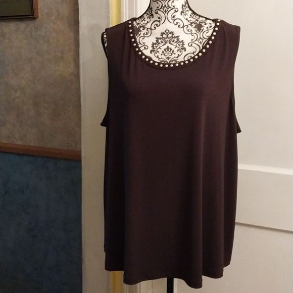 Investments Tops - Investments Brown  Top Tank with Faux Pearls  AccenWomen. Sleeveless Size 2X